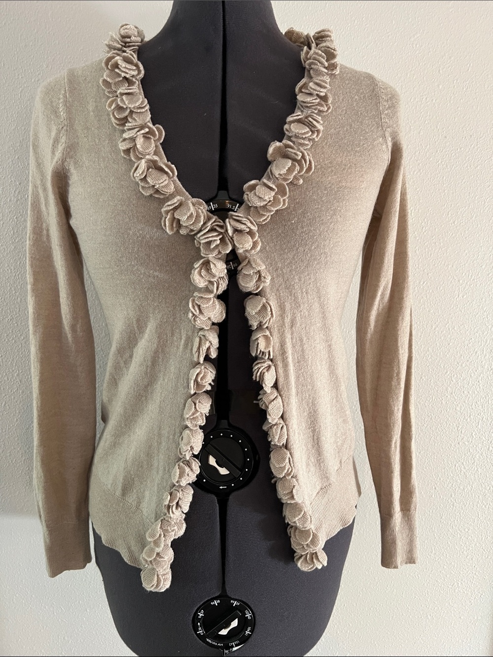 LOFT Taupe Floral-Trim V-Neck Cardigan